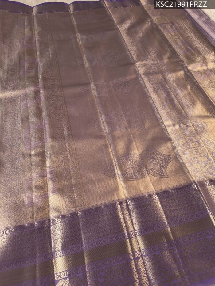 Green and Lavender Tissue Saree with Floral Motifs and Rich Zari Border - Image 3