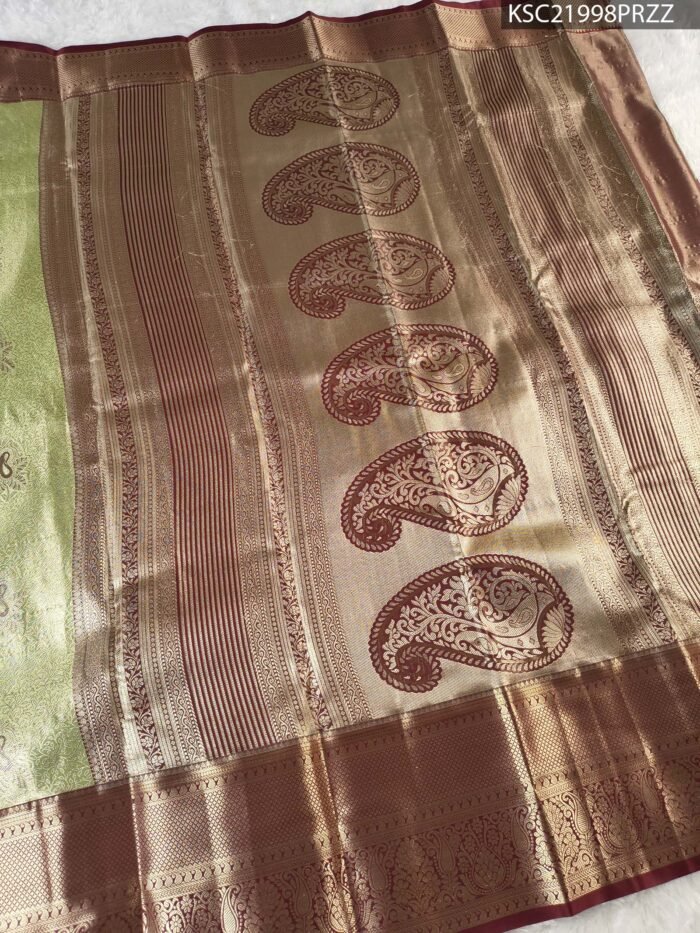 Elegant Green Tissue Saree with Paisley Motifs and Rich Zari Border - Image 3