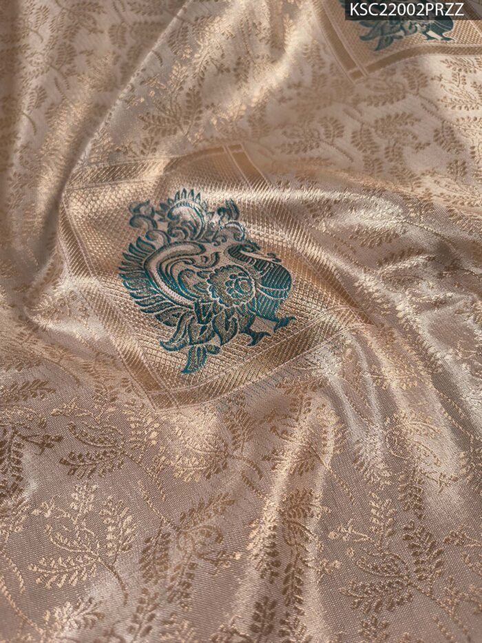 Beige and Teal Tissue Saree with Intricate Peacock Motifs and Rich Zari Border - Image 2