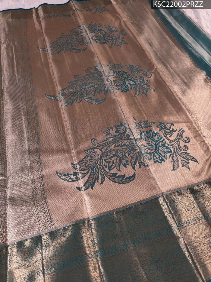 Beige and Teal Tissue Saree with Intricate Peacock Motifs and Rich Zari Border - Image 3