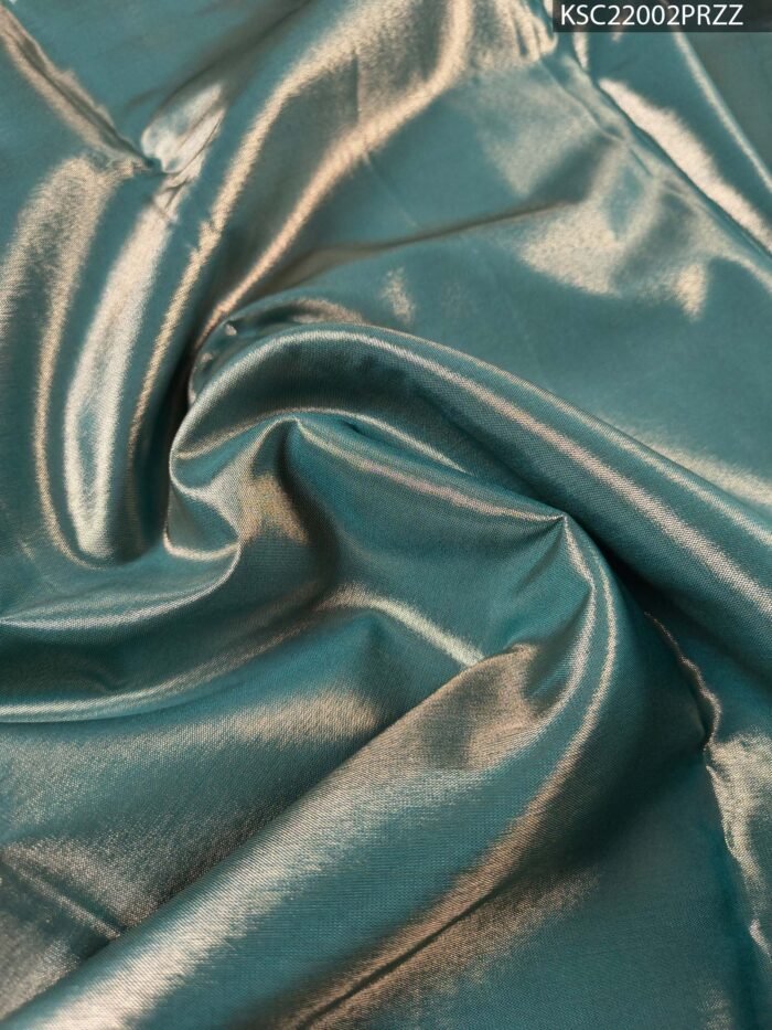 Beige and Teal Tissue Saree with Intricate Peacock Motifs and Rich Zari Border - Image 4