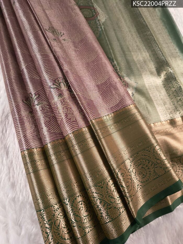 Lavender and Green Tissue Saree with Rich Zari Pallu and Floral Border - Image 1