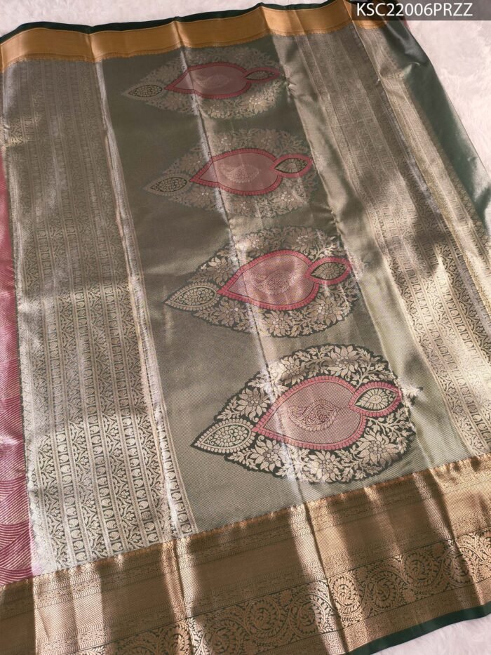 Pink and Green Coloured Tissue Silk Saree with Rich Floral Brocade Weaves and Zari Woven Border - Image 3