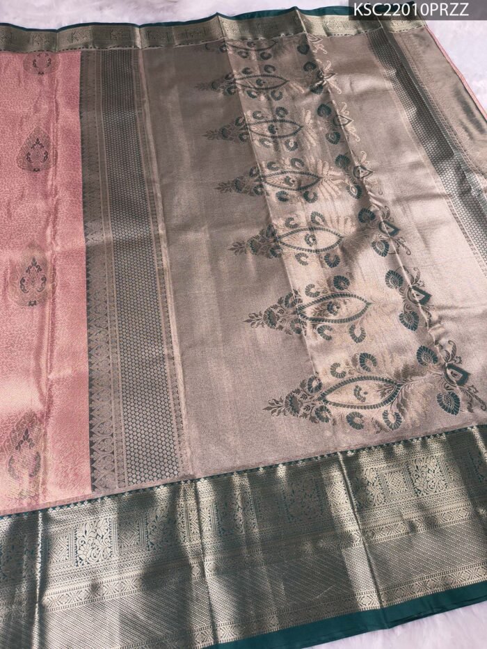 Blush Coloured Tissue Saree with Rich Floral Brocade and Zari Woven Border - Image 3