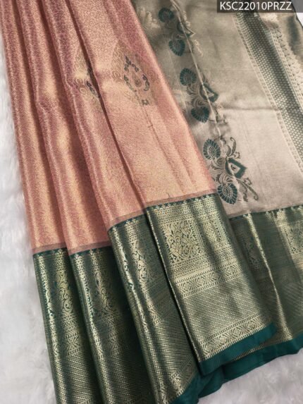 Blush Coloured Tissue Saree with Rich Floral Brocade and Zari Woven Border