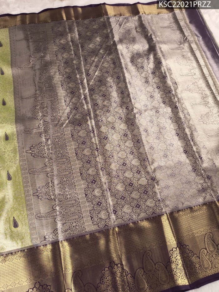 Green and Silver Tissue Saree with Paisley Motifs and Rich Zari Border - Image 3