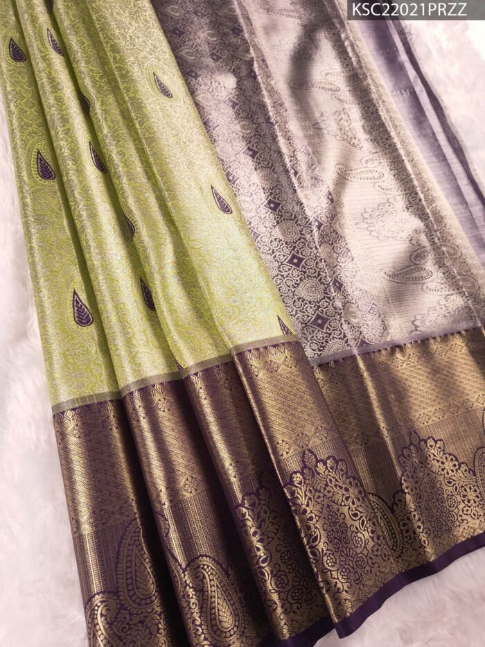 Green and Silver Tissue Saree with Paisley Motifs and Rich Zari Border - Image 1