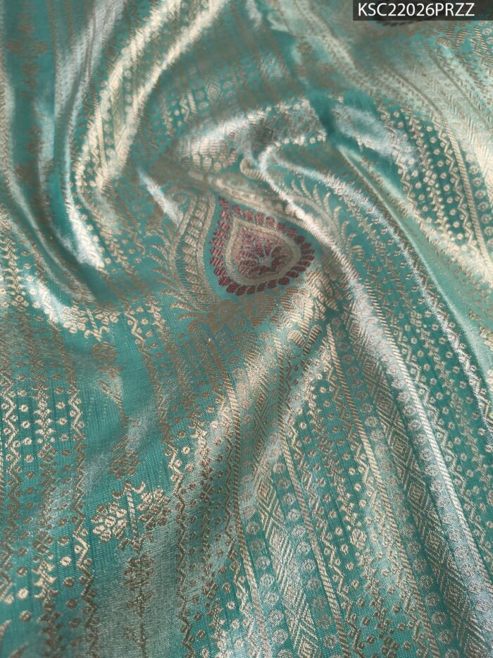 Teal Coloured Tissue Silk Saree with Floral Brocade and Rich Zari Border - Image 2