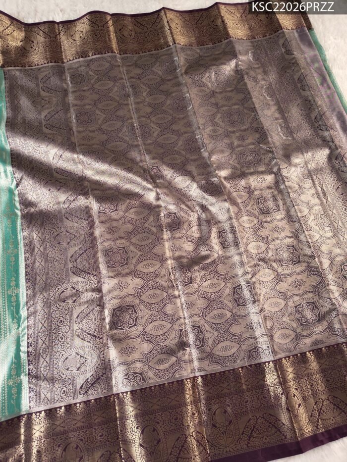 Teal Coloured Tissue Silk Saree with Floral Brocade and Rich Zari Border - Image 3