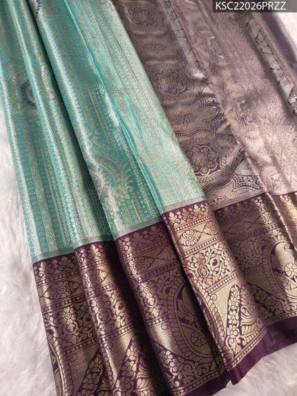 Teal Coloured Tissue Silk Saree with Floral Brocade and Rich Zari Border