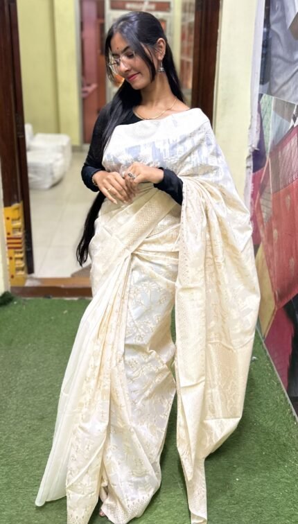 Ivory Cream Cotton Saree with Golden Zari Border