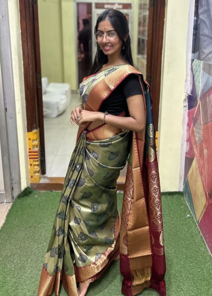 Olive Green Tissue Silk Saree with Maroon Zari Pallu - Image 3