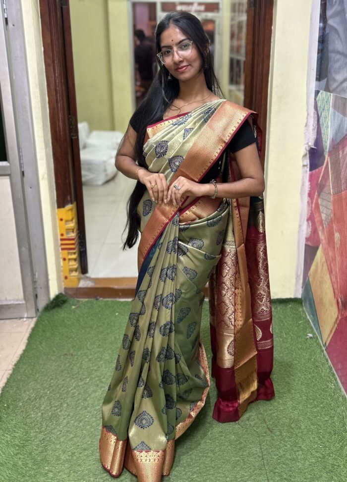 Olive Green Tissue Silk Saree with Maroon Zari Pallu - Image 1