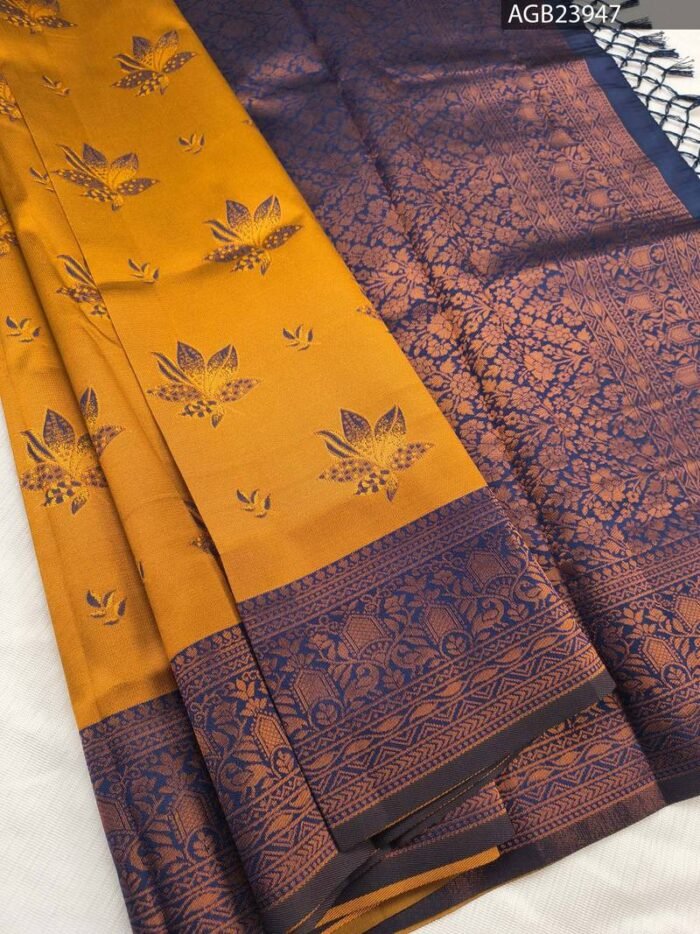 Beautiful Yellow and Purple Semi Soft Silk Saree with Floral Motifs and Elegant Border - Image 1