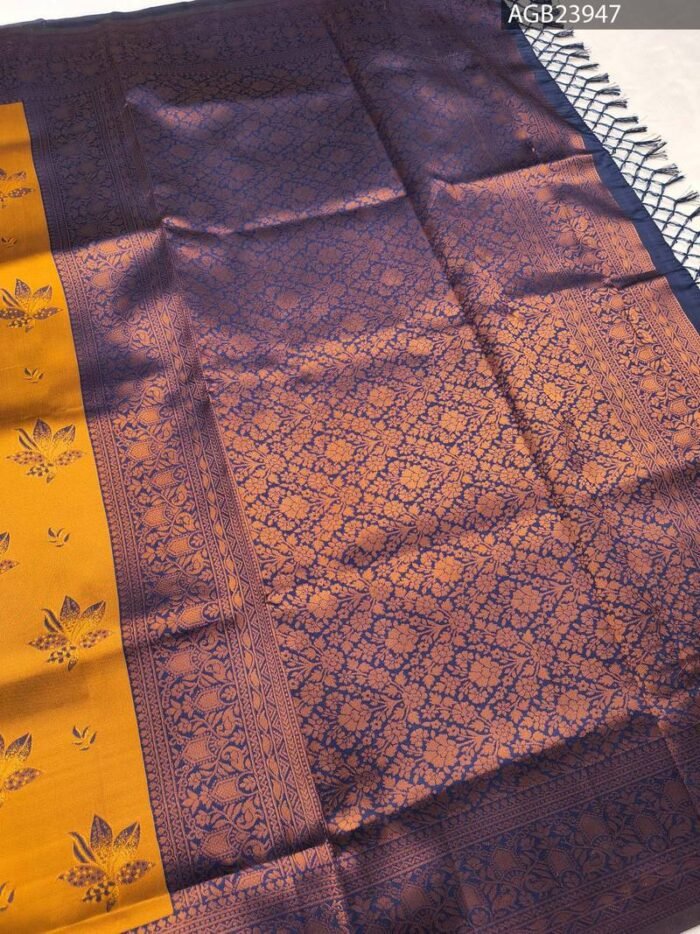 Beautiful Yellow and Purple Semi Soft Silk Saree with Floral Motifs and Elegant Border - Image 3