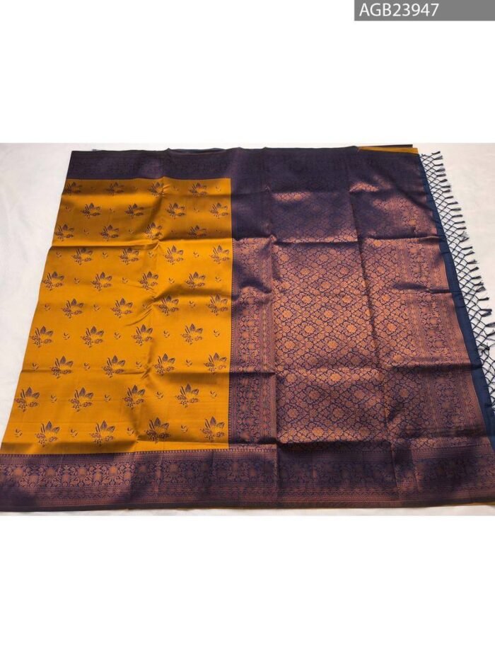 Beautiful Yellow and Purple Semi Soft Silk Saree with Floral Motifs and Elegant Border - Image 5