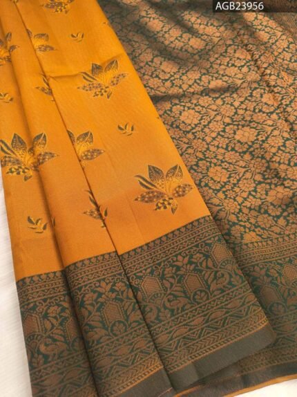 Golden Yellow Fancy Saree with Green Border and Intricate Motifs