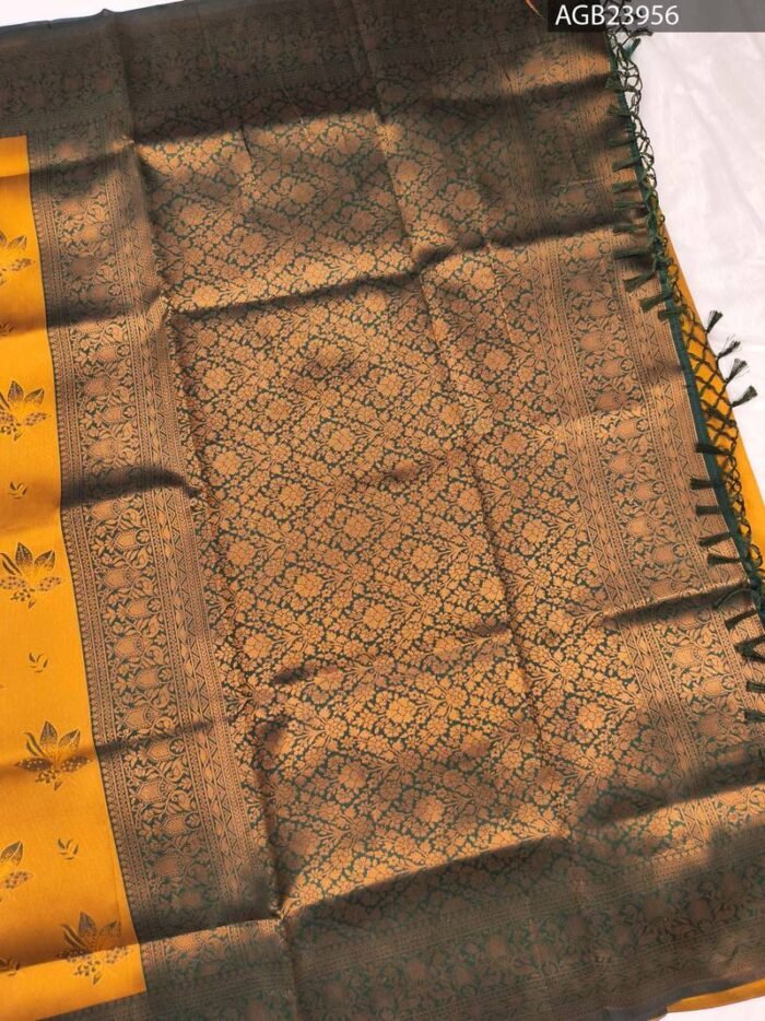 Golden Yellow Fancy Saree with Green Border and Intricate Motifs - Image 3
