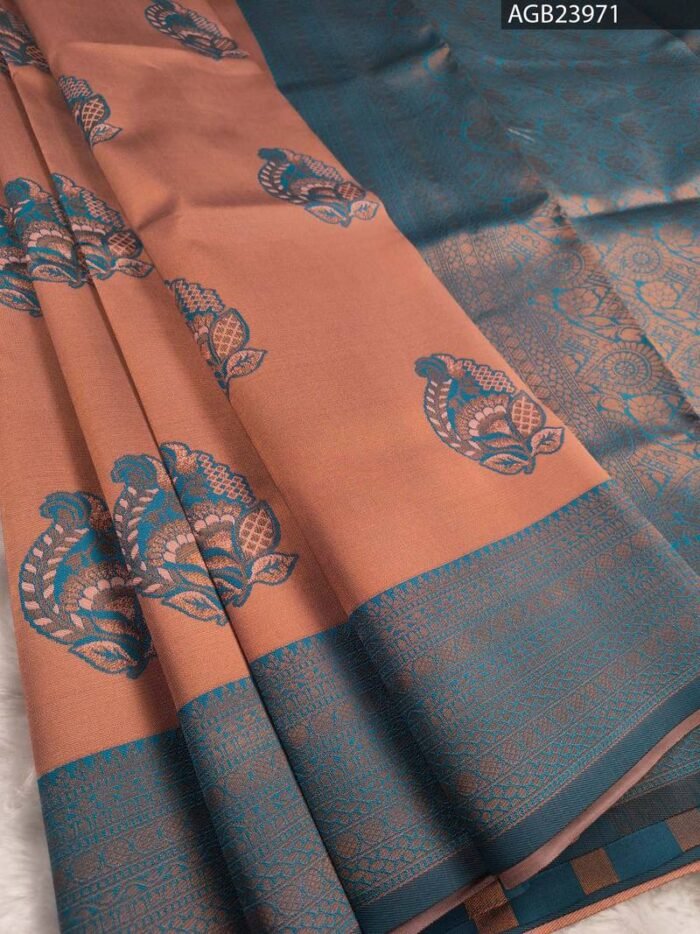 Peach and Blue Elegant Semi Soft Silk Fancy Saree with Beautiful Border and Pallu - Image 1