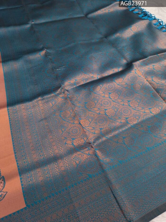 Peach and Blue Elegant Semi Soft Silk Fancy Saree with Beautiful Border and Pallu - Image 3