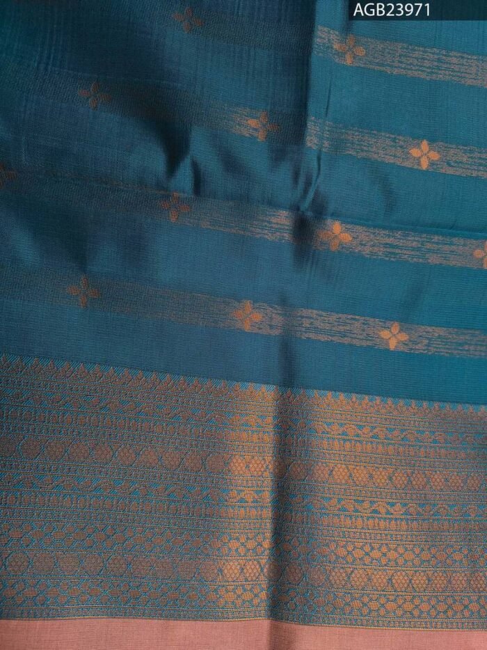 Peach and Blue Elegant Semi Soft Silk Fancy Saree with Beautiful Border and Pallu - Image 4