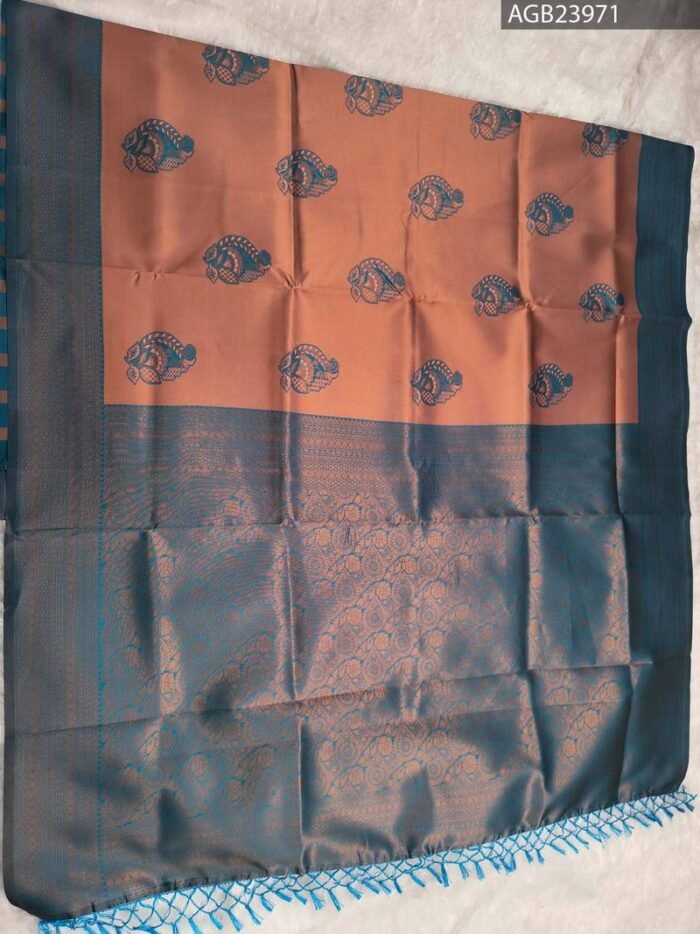 Peach and Blue Elegant Semi Soft Silk Fancy Saree with Beautiful Border and Pallu - Image 5