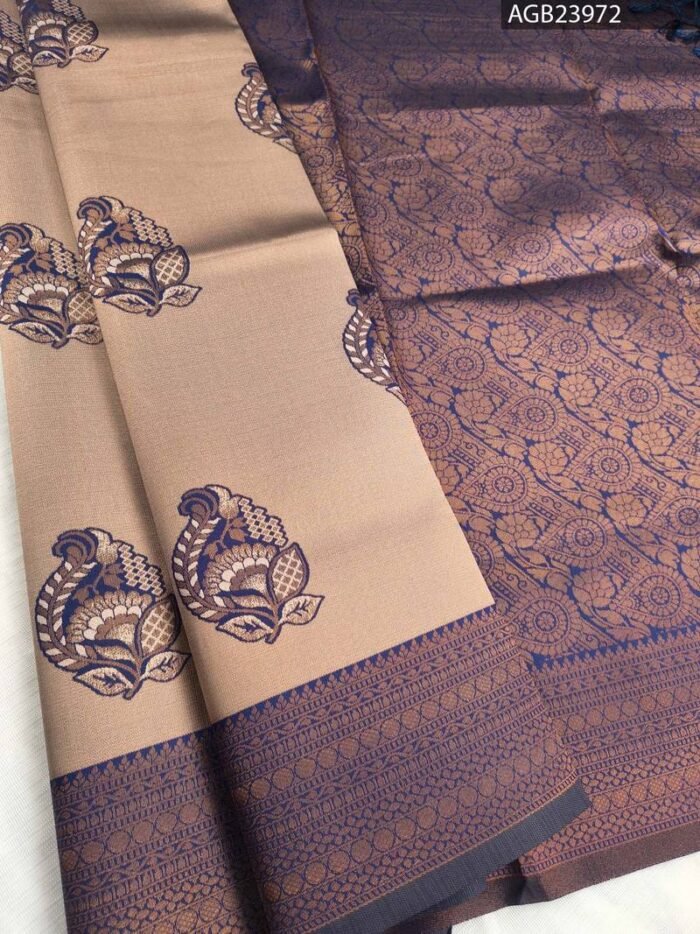 Beige and Dark Blue Fancy Saree with Elegant Border and Intricate Motifs - Image 1
