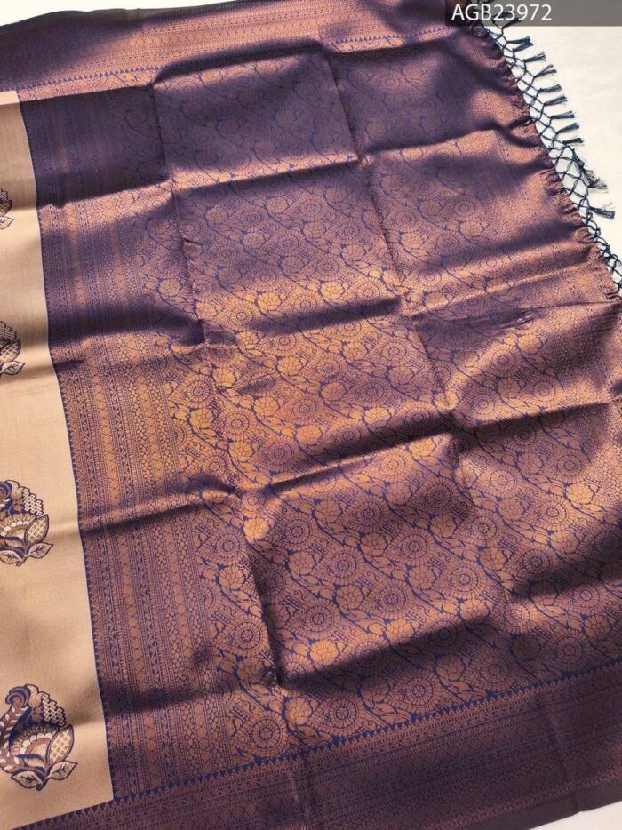 Beige and Dark Blue Fancy Saree with Elegant Border and Intricate Motifs - Image 3