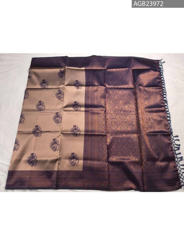 Beige and Dark Blue Fancy Saree with Elegant Border and Intricate Motifs - Image 5