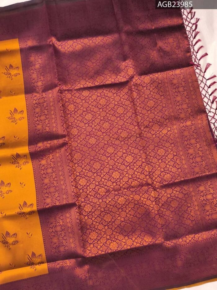 Golden and Maroon Semi Soft Silk Fancy Saree with Floral Motifs and Intricate Border - Image 3