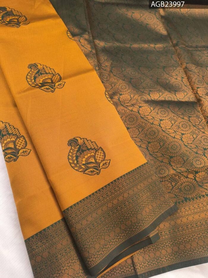 Golden and Green Semi Soft Silk Fancy Saree with Traditional Motifs and Elegant Border - Image 1