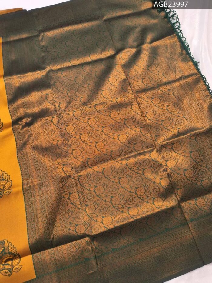 Golden and Green Semi Soft Silk Fancy Saree with Traditional Motifs and Elegant Border - Image 3