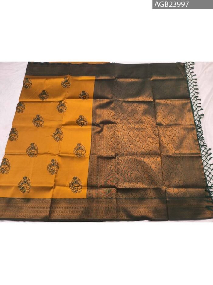 Golden and Green Semi Soft Silk Fancy Saree with Traditional Motifs and Elegant Border - Image 5