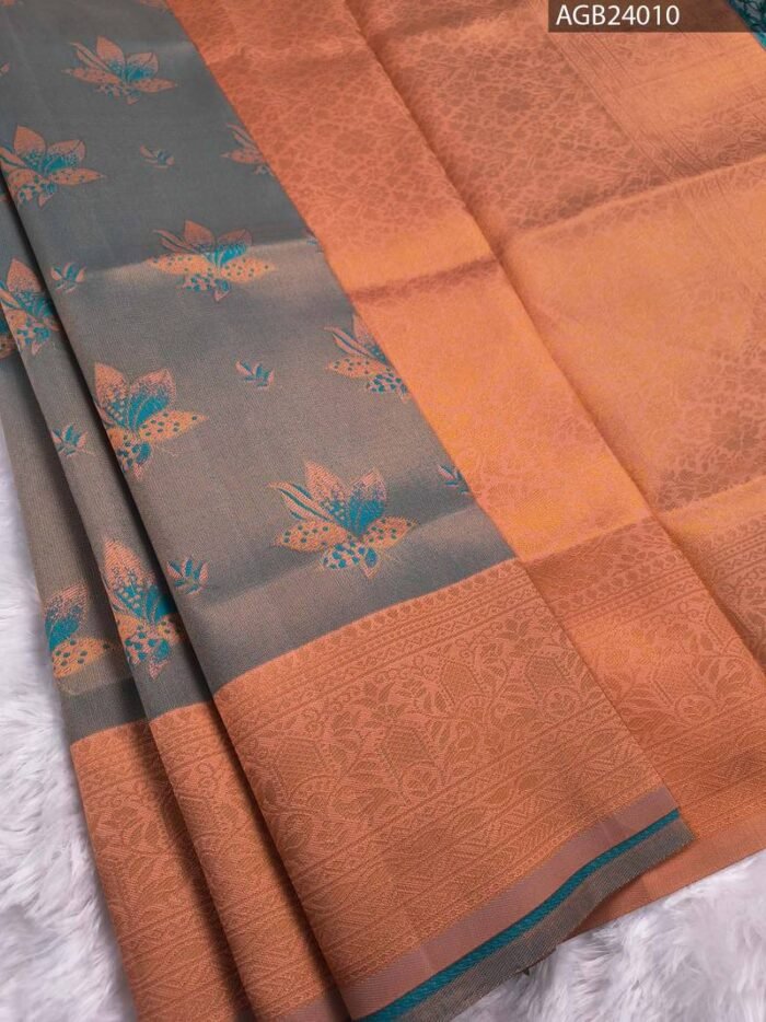 Gray and Orange Semi Soft Silk Fancy Saree with Floral Motifs and Rich Pallu - Image 1