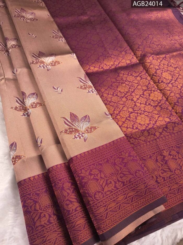 Peach and Dark Purple Fancy Saree with Beautiful Floral Motifs and Intricate Border - Image 1