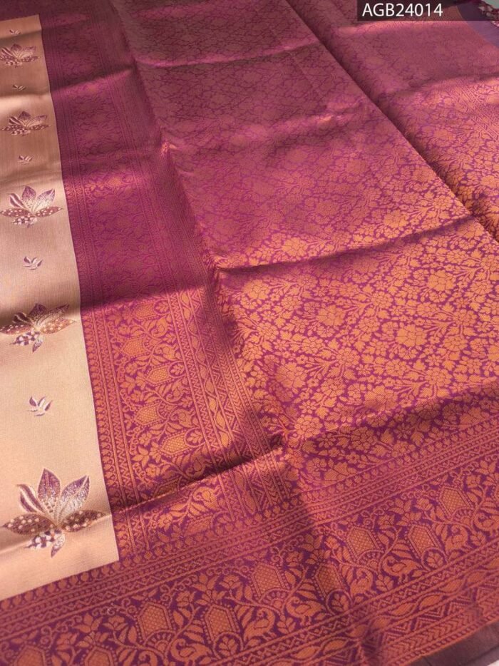 Peach and Dark Purple Fancy Saree with Beautiful Floral Motifs and Intricate Border - Image 3