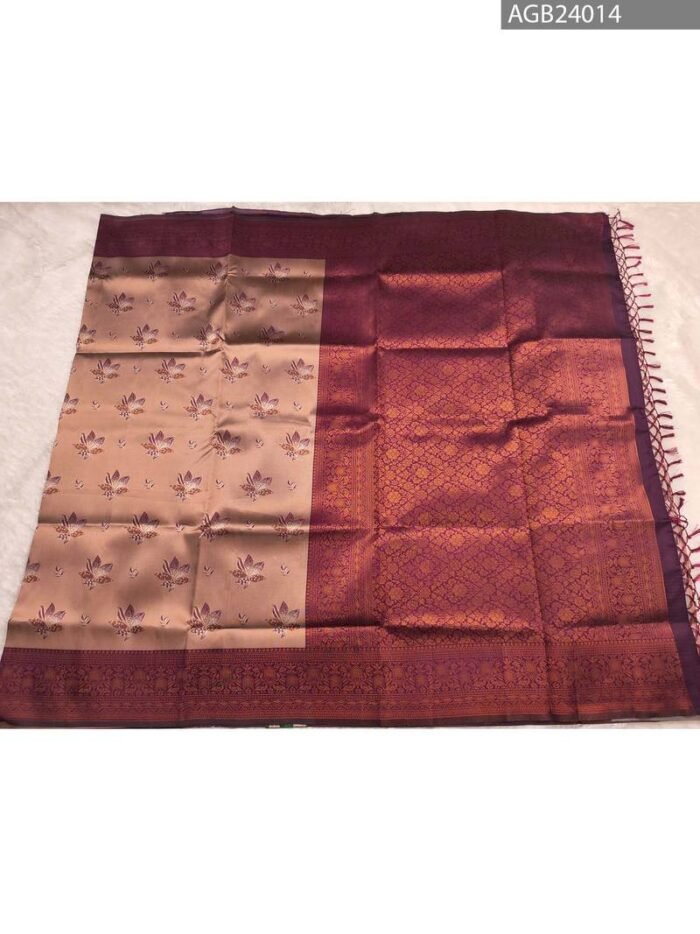 Peach and Dark Purple Fancy Saree with Beautiful Floral Motifs and Intricate Border - Image 5