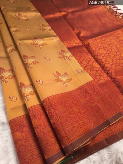 Orange and Red Printed Fancy Saree with Rich Border and Floral Pallu