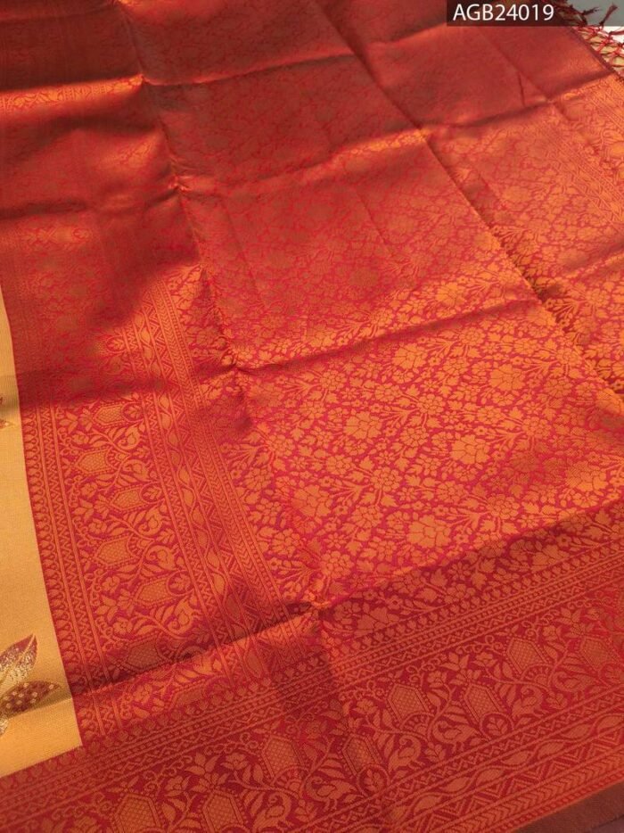 Orange and Red Printed Fancy Saree with Rich Border and Floral Pallu - Image 3