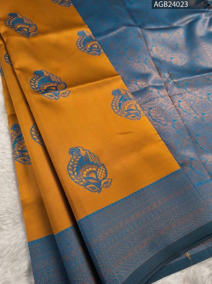 Mustard Yellow and Blue Fancy Saree with Traditional Fish Motifs and Intricate Border - Image 1