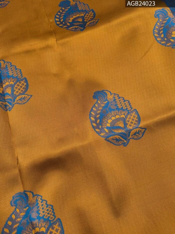 Mustard Yellow and Blue Fancy Saree with Traditional Fish Motifs and Intricate Border - Image 2