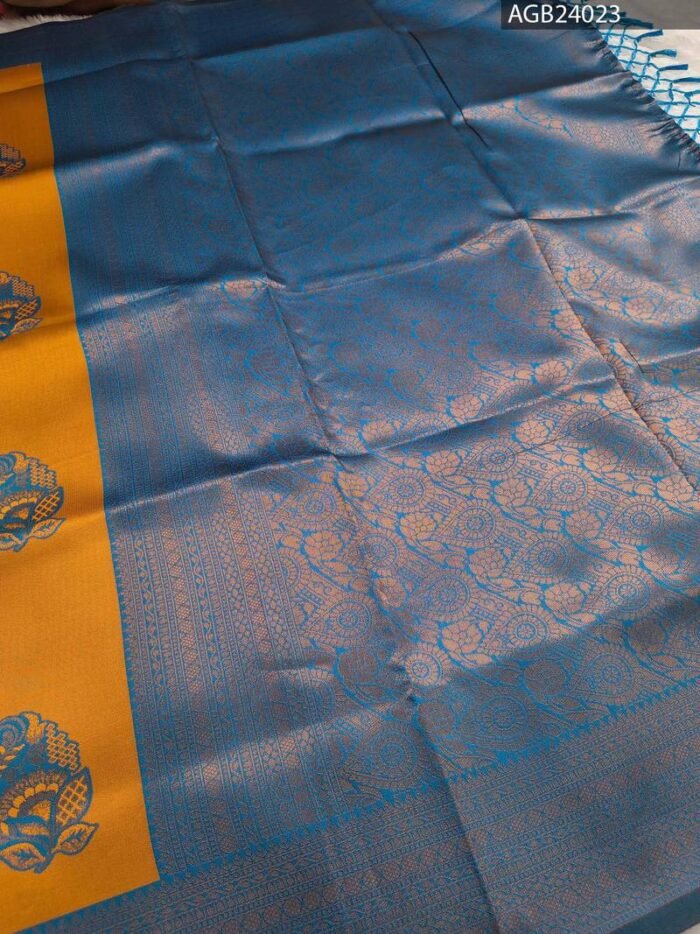Mustard Yellow and Blue Fancy Saree with Traditional Fish Motifs and Intricate Border - Image 3