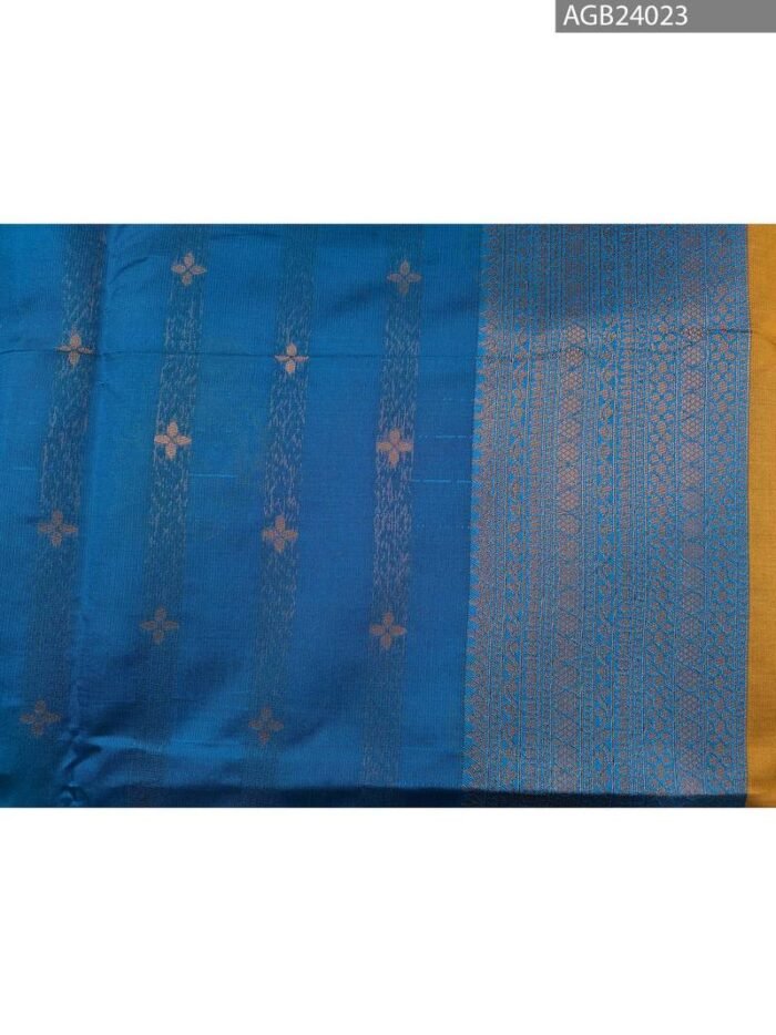 Mustard Yellow and Blue Fancy Saree with Traditional Fish Motifs and Intricate Border - Image 4