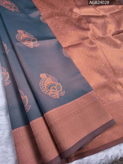 Elegant Navy Blue and Brown Floral Design Semi Soft Silk Fancy Saree