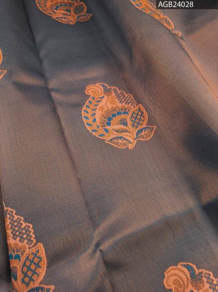Elegant Navy Blue and Brown Floral Design Semi Soft Silk Fancy Saree - Image 2