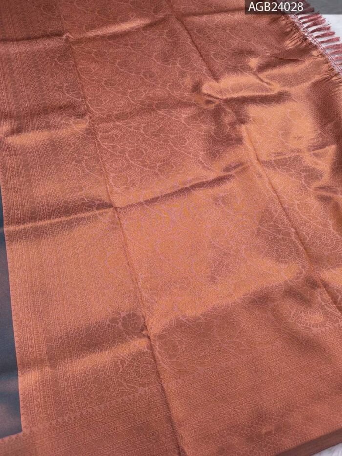 Elegant Navy Blue and Brown Floral Design Semi Soft Silk Fancy Saree - Image 3