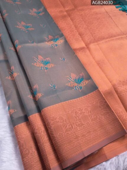 Grey and Orange Semi Soft Silk Fancy Saree with Floral Motifs and Rich Pallu