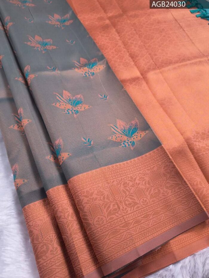 Grey and Orange Semi Soft Silk Fancy Saree with Floral Motifs and Rich Pallu - Image 1