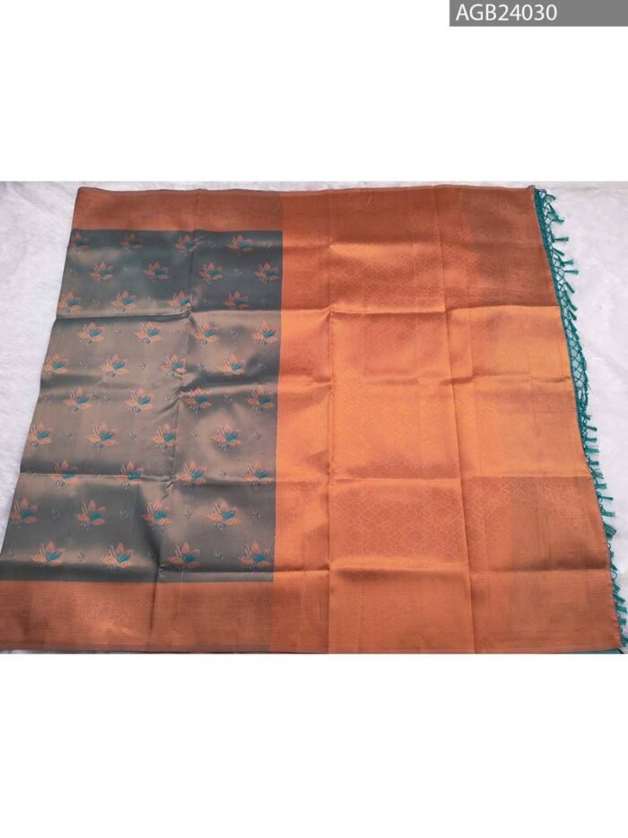 Grey and Orange Semi Soft Silk Fancy Saree with Floral Motifs and Rich Pallu - Image 5