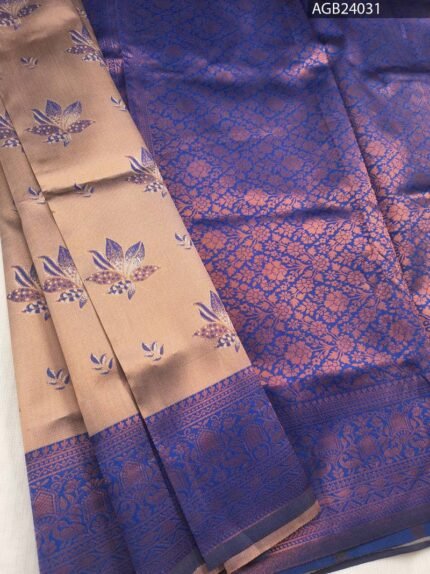 Peach and Purple Floral Pallu Semi Soft Silk Fancy Saree with Intricate Border